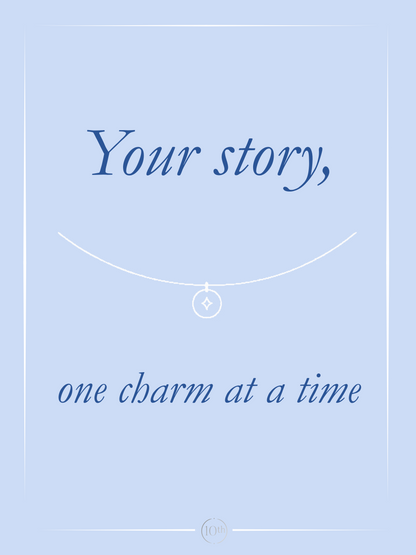 Light blue background with a necklace graphic and text 'Your story, one charm at a time'.