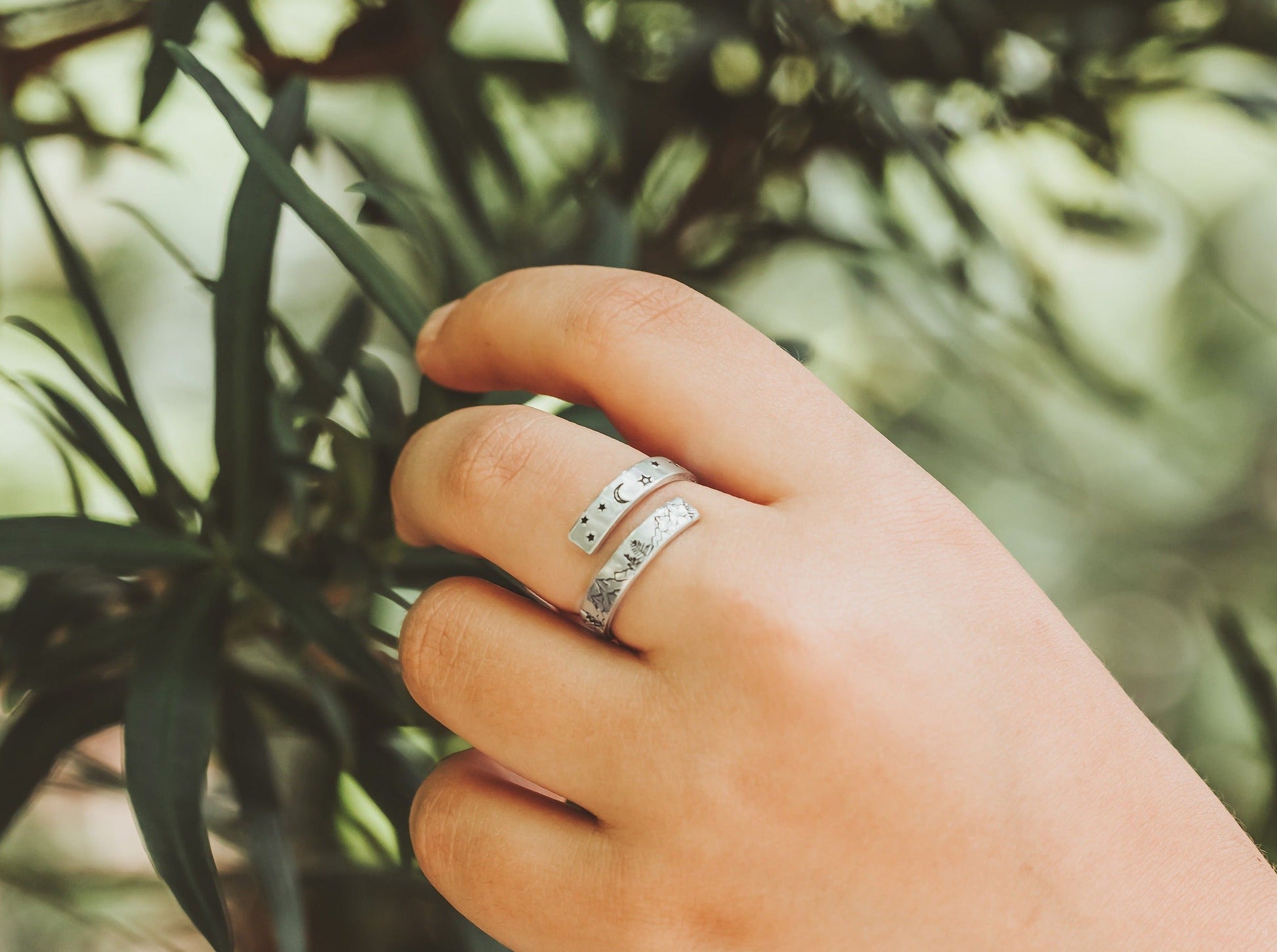 Wrap ring with mountains, moon, and stars