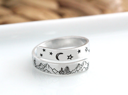 Mountains, Moon, Stars Wrap Ring