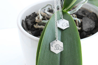 Hexagon Initial Leaf Necklace