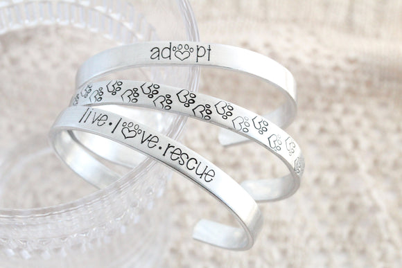 Dog Lover Cuff Bracelet - Adopt Don't Shop - Live Love Rescue - Pawprints