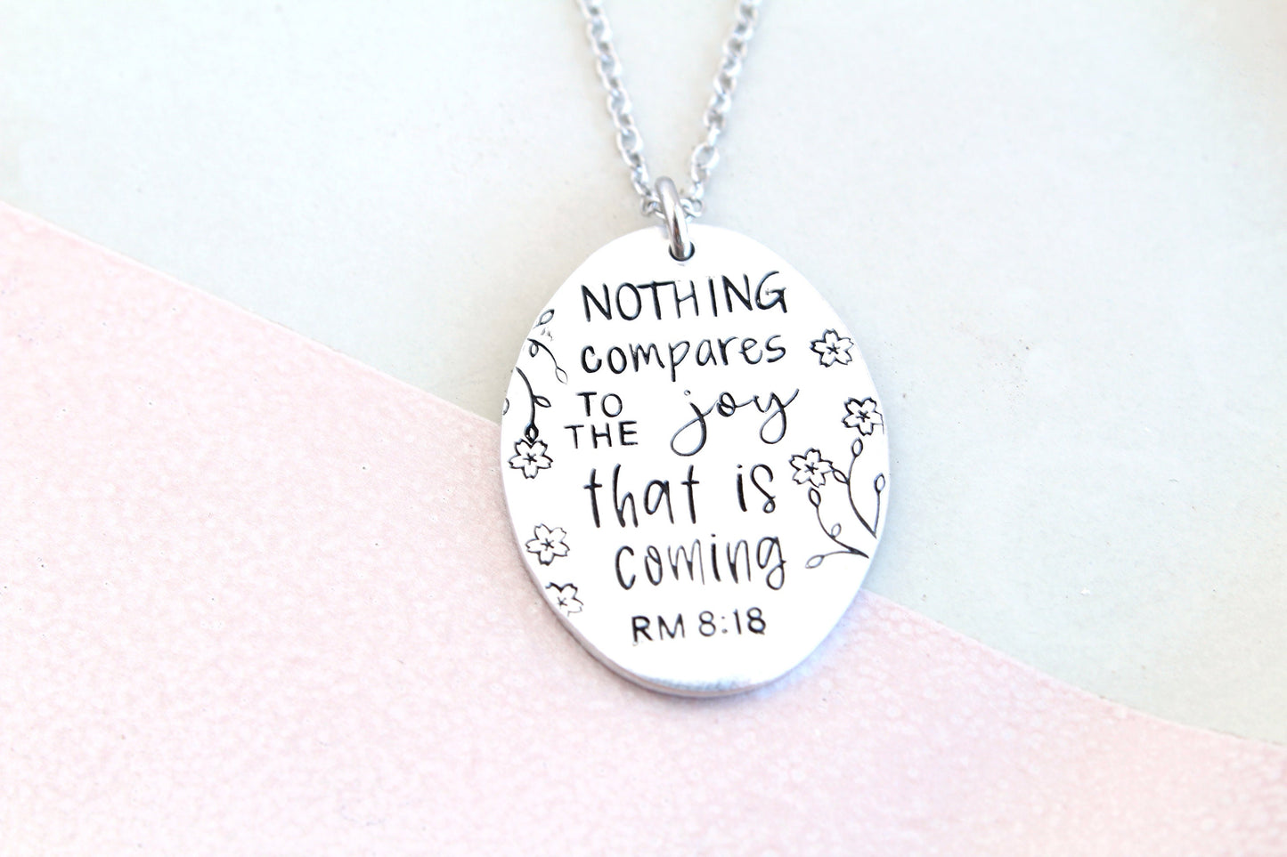 Romans 8:18 Bible Verse Oval Necklace