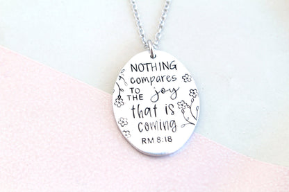 Romans 8:18 Bible Verse Oval Necklace