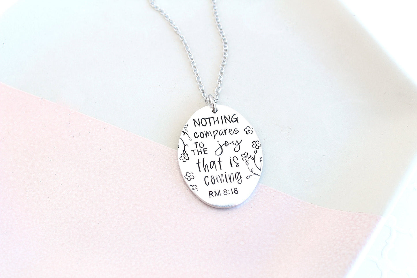 Romans 8:18 Bible Verse Oval Necklace