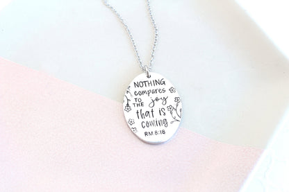 Romans 8:18 Bible Verse Oval Necklace