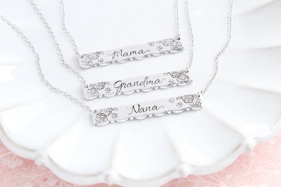 Grandma Name Scalloped Bar Necklace